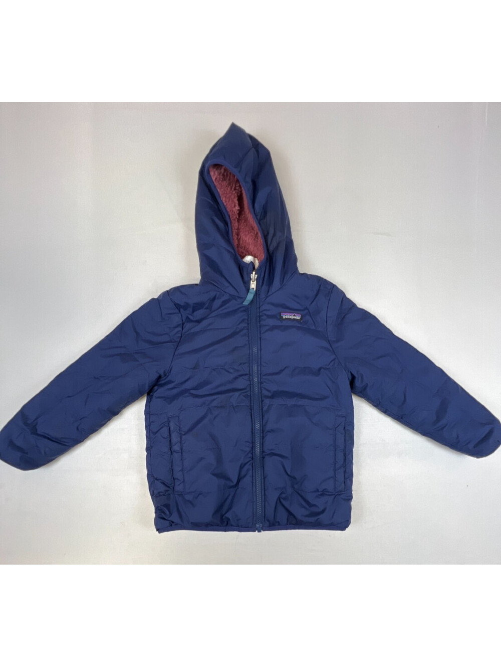 Patagonia Girls XS 5-6 Pink Blue Reversible Fleece Hooded Jacket Puffer Coat
